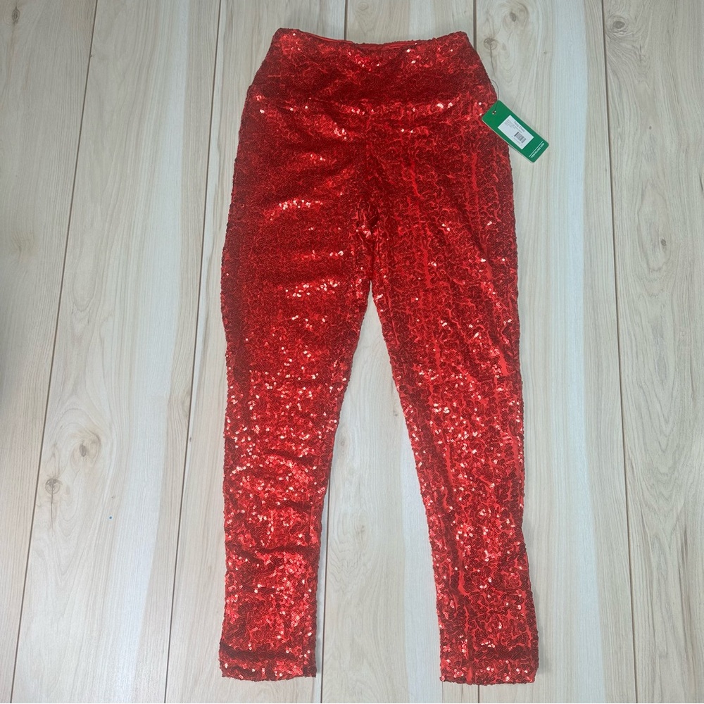 TIPSY ELVES RED SEQUIN High Waisted Rise Leggings Women's Size Small NWT Red.‎